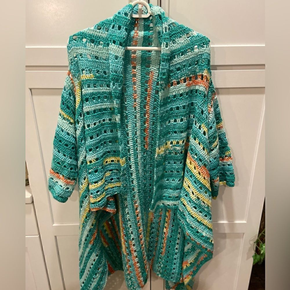 Cottagecore Crochet Pattern Duster Cardigan Womens Teal Blue 3/4 Sleeve